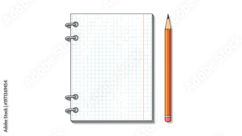Spiral notebook with grid paper and a red line margin placed next to an orange pencil with an eraser on a white surface.