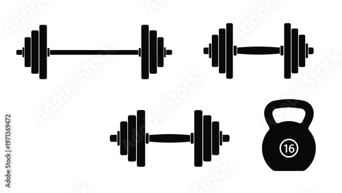 Set of black silhouette fitness equipment including barbells dumbbells and a kettlebell for strength training exercises.