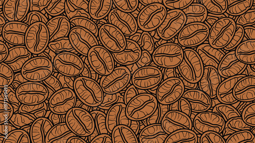 Dense repeating pattern of hand drawn coffee beans with rich brown tones filling the entire frame in a textured design.