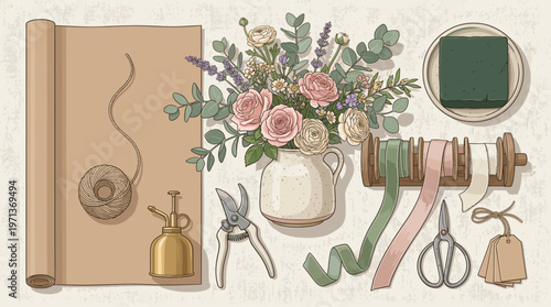 Charming hand-drawn illustration of a florist's tools, featuring a flower bouquet, kraft paper, and ribbons. Ideal for creative hobbies, wedding design, or craft blogs.