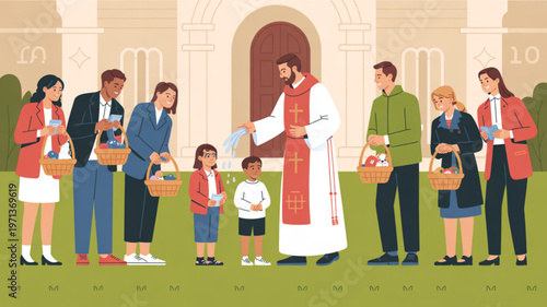 People receiving food from a priest outside a church building community food drive concept