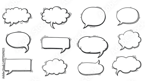 Large set of twelve different hand drawn speech and thought bubbles with black outlines and shadows on white background.