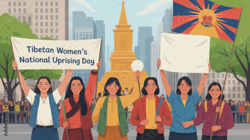 Tibetan women protesting for rights on tibetan women's national uprising day with cityscape and flag