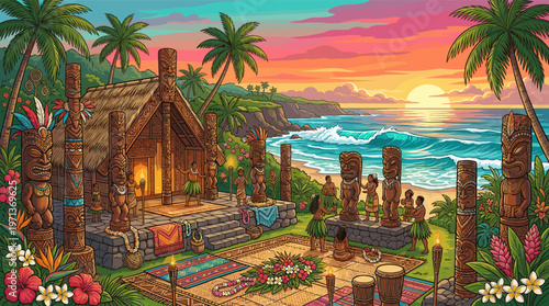 A vibrant illustration of a traditional Polynesian luau. People dance near tiki statues on a tropical beach at sunset. Perfect for travel, culture, or festive event themes.