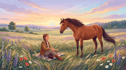 An illustration of a woman and a horse sharing a calm moment in a wildflower meadow at sunset. A serene scene of friendship, nature, and tranquility. For wellness concepts.