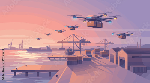 Vector illustration of autonomous drones delivering packages over an industrial port at sunset. Concept for future logistics, e-commerce, and automated supply chain technology.