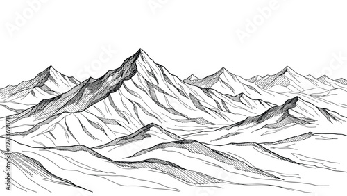 Detailed black and white panoramic mountain range sketch with majestic peaks and valleys in a traditional cross hatch style.