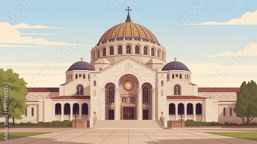 Large white church building with brown domes and cross on top blue sky background daytime
