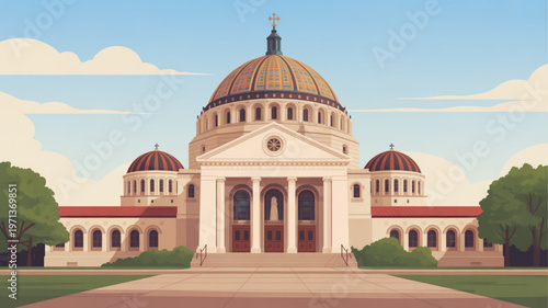 Large white building with domes and red roof under blue sky