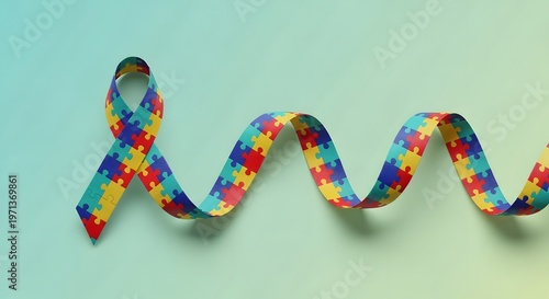 Autism awareness ribbon with puzzle pieces on colorful background symbolizing support and understanding
