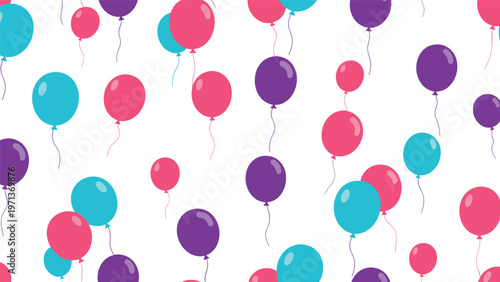 Seamless pattern of numerous colorful blue purple and pink balloons floating upward against a clean white background.