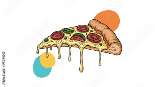 Appetizing hand drawn slice of pizza with pepperoni tomato basil and dripping melting cheese over abstract color circles.