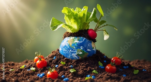 A creative image of the earth with plants and vegetables growing out of it symbolizing sustainable living and environmental conservation with a blurred background