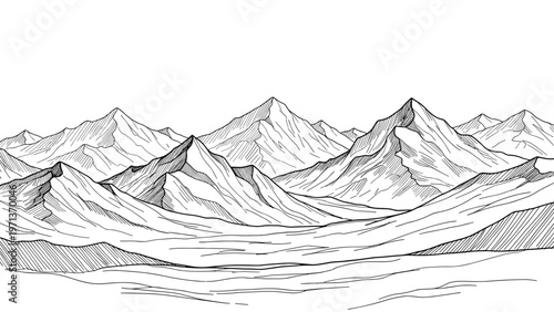 Majestic hand drawn panoramic mountain range landscape with detailed peaks and ridges in a traditional black ink sketch style.