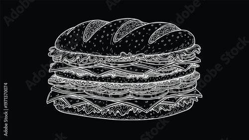 Detailed white line sketch of a huge multi layer sandwich with various fillings isolated on a solid black background.