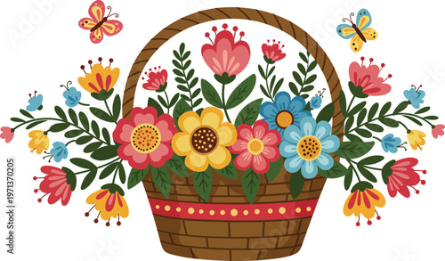 A colorful spring bouquet of pink and yellow tulips blooms inside a decorative wicker basket, creating a beautiful floral gift that captures the vibrant essence of nature and summer blossoms