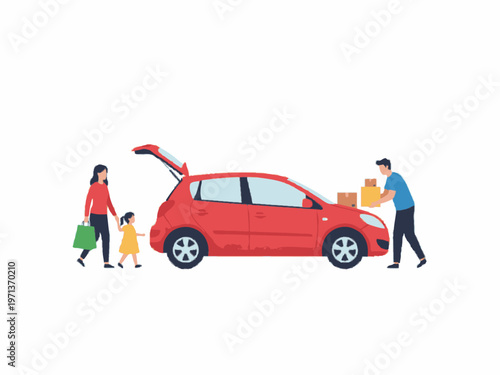 Family loading boxes and shopping bags into a red hatchback car
