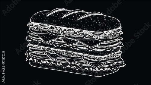 Detailed chalk style line drawing of a massive multi-layered sandwich with various fillings on a solid black background.