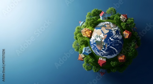 A 3d illustration of a globe surrounded by trees and houses on a blue background representing eco friendly living and sustainability
