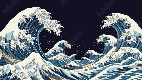 Detailed pixel art illustration depicting powerful ocean waves crashing with foam under a dark sky in a traditional style.
