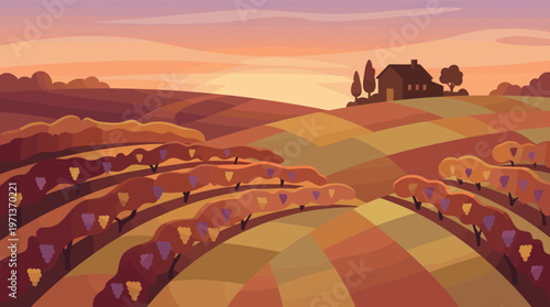 A stylized illustration of a vineyard with rolling hills and a farmhouse at sunset. Warm autumn colors create a peaceful, rustic mood. Ideal for wine, travel, or agriculture.