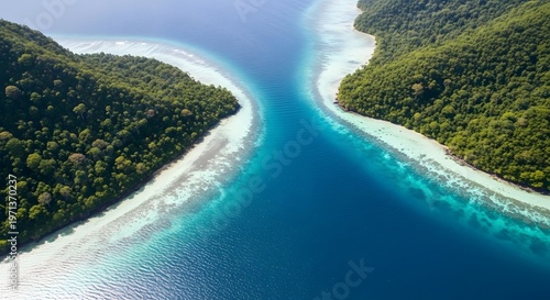 Aerial view of a serene tropical island with lush greenery and a narrow waterway between two sandy beaches