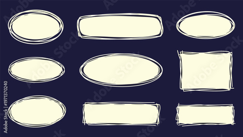 Collection of various hand drawn scribbled oval and rectangular frames on a dark blue background for highlighting text.