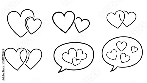 Variety of hand drawn black heart icons and speech bubbles containing hearts for expressing love and romantic sentiments.