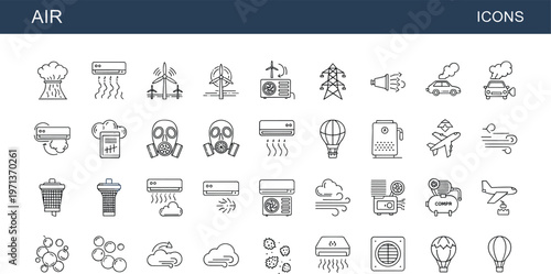 Air quality outline icon set including pollution ventilation conditioning purifier mask weather wind and environmental atmosphere symbols