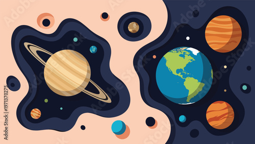 Artistic space illustration featuring planets like earth and saturn with stylized orbits and stars in deep blue sky.