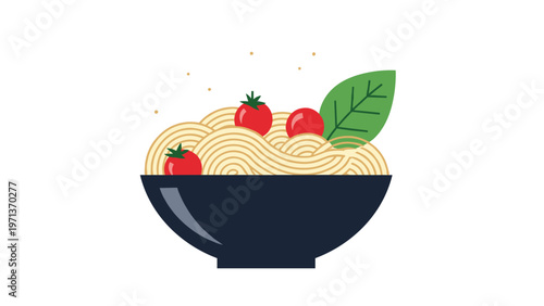 Simple flat illustration of a blue bowl filled with swirls of spaghetti pasta topped with red tomatoes and a basil leaf.
