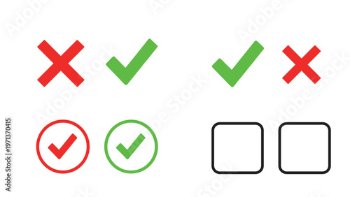 Set of red and green checkmark and cross icons in various styles like circles and squares for status or validation.