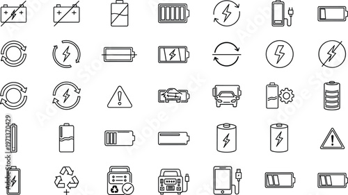 Battery charging line icon set with energy power electric recharge mobile vehicle outline vector electricity symbols collection pack