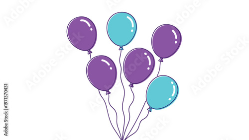 Group of purple and cyan balloons tied together with strings floating on a white background for a festive occasion.