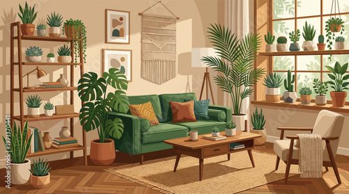 Cozy and sunny living room illustration in a modern bohemian style. Features a green sofa, wooden furniture, and many houseplants, creating a warm, biophilic, and relaxing atmosphere.