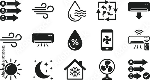Air Conditioning and Climate Control Icon Set with Temperature, Ventilation, Humidity, Cooling Systems and Weather Elements for Smart Home Solutions