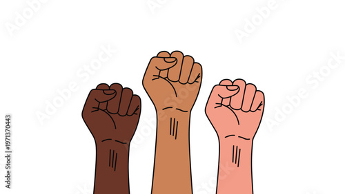 Illustration of three raised fists of different skin tones symbolizing unity, strength and equality for social justice.