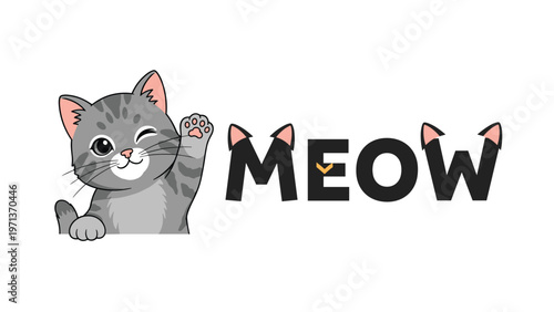 Cute illustration of a gray tabby cat waving next to the word meow with little cat ears on the letters for pet lovers.