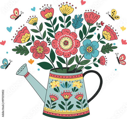 A beautiful still life with a pink floral bouquet of spring blossoms in a decorative pitcher beside a tea cup, creating a nature-inspired design with fresh green leaves and summer daisies
