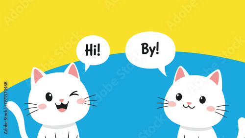 Playful illustration of two cute white kittens in speech bubbles saying hi and by on a vibrant blue and yellow backdrop.