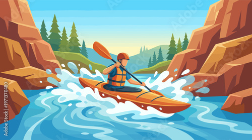 Vector illustration of a man on an exciting whitewater kayaking adventure. Dynamic scene for sports, travel, and outdoor lifestyle concepts. Man in a boat on a river.