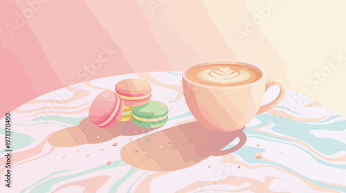 A cozy vector illustration of a cappuccino with latte art and colorful macarons on a pastel marbled table. Perfect for cafe menus, food blogs, or social media posts.