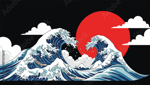 Dynamic pixel art illustration of large blue ocean waves crashing under a massive red sun and white clouds on a black background.