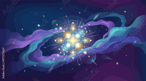 A vibrant, stylized illustration of a cosmic nebula and shining star cluster. Mystical deep space background for science, technology, or fantasy concepts.