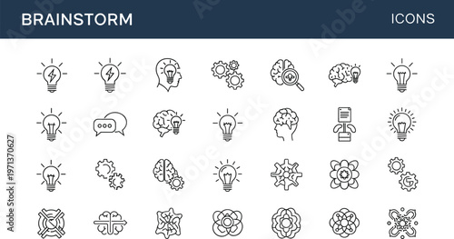 Brainstorm creative thinking line icon set with idea brain innovation lightbulb strategy outline vector symbols collection pack