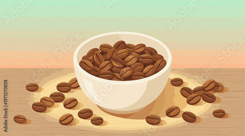 Vector illustration of roasted coffee beans in a white ceramic bowl on a wooden table. Warm, natural concept for cafe menus, beverage advertising, and food packaging design.