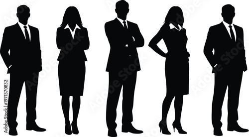 Business people silhouette set isolated on white background, corporate team figures in formal suits representing leadership, teamwork, office professionalism concept