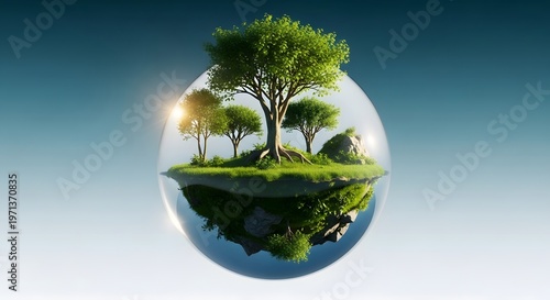 A surreal landscape with trees and grass inside a transparent glass globe on a white background