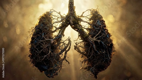 The Lungs of Nature: An intricate representation of human lungs formed from roots and branches, bathed in golden sunlight, symbolizing the profound connection between nature and life.