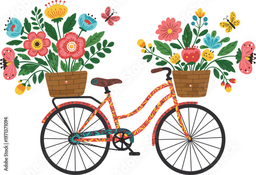 Vintage bicycle with a basket of tulips illustration featuring a retro bike design and old wheels for travel or art